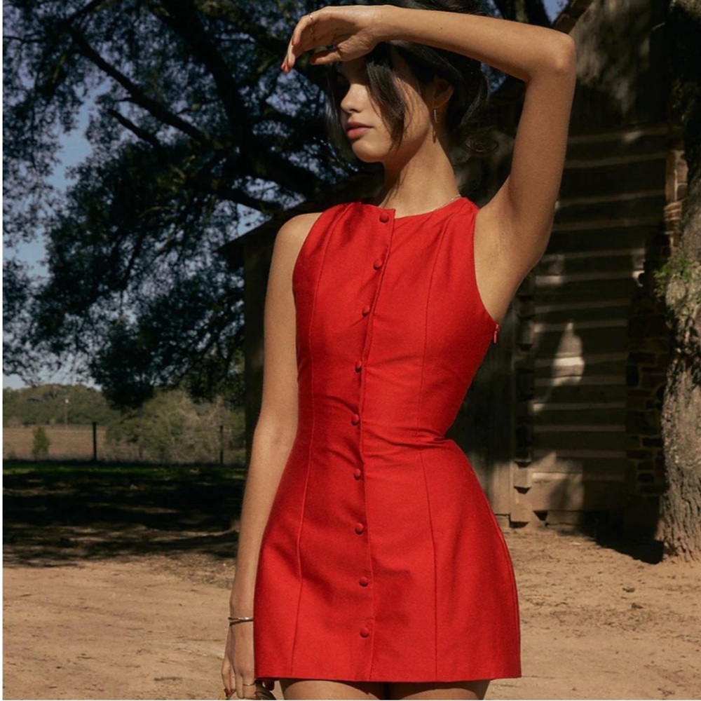 Buttoned Front Sleeveless Dress Red